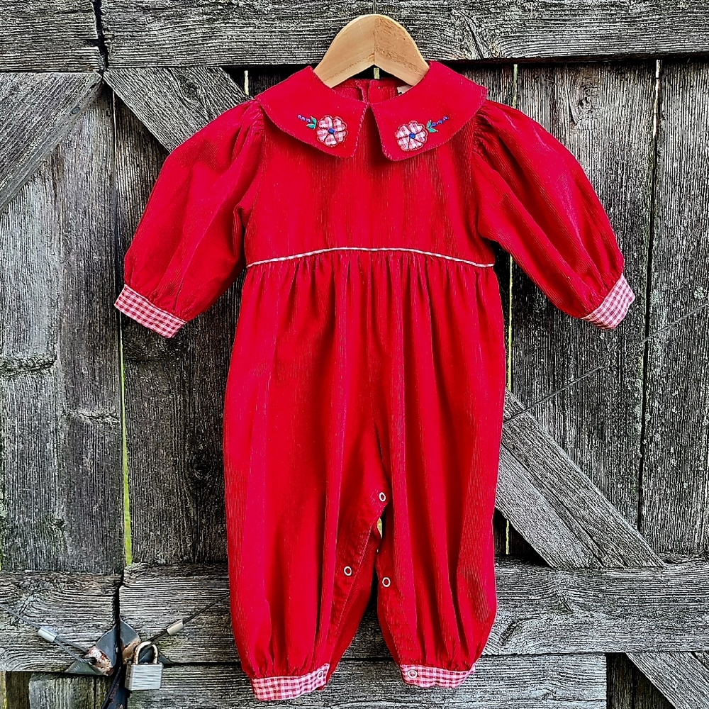 VINTAGE 90'S Red Smock Corduroy Peter Pan Collar Romper 18 Months